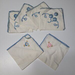 Embroidered Napkin Vintage Linen Handmade Flowers Stitched Blue 10 Inch Blue
